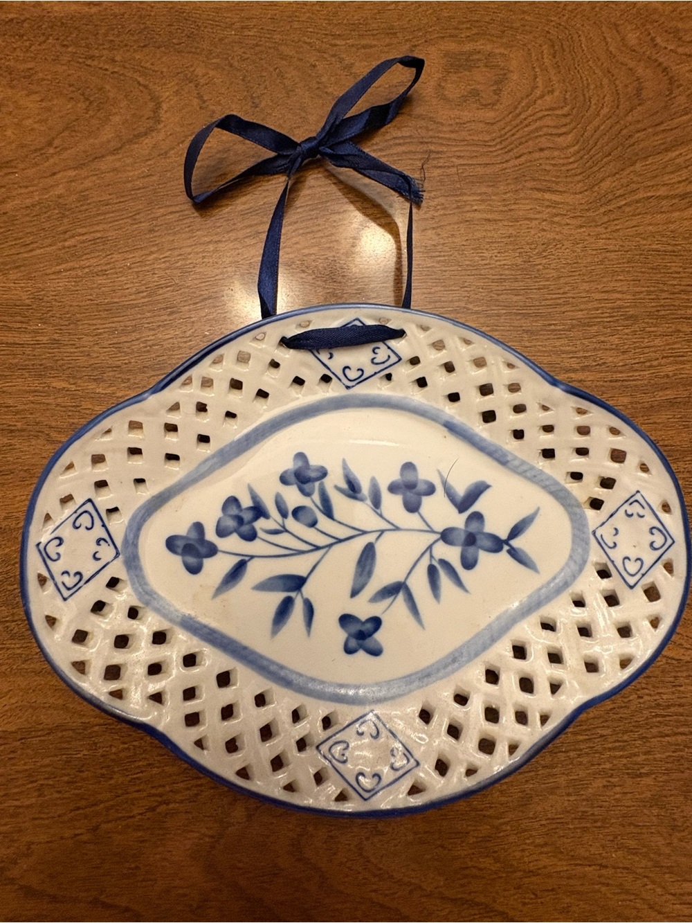 Blue Floral Hand-Painted Ceramic Wall Plaque by